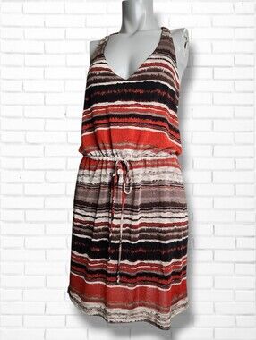 Matty M Halter Strap Deep V Neck Striped Midi Dress in Red, Black, Cream Size S